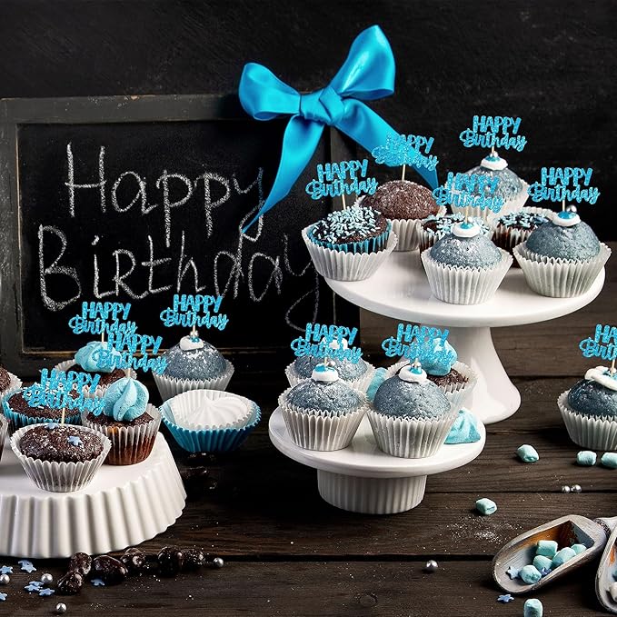 Gyufise Happy Birthday Cupcake Toppers Blue Glitter Birthday Cake Topper Picks Dessert Topper Decoration for Birthday Party Anniversary Celebration Pack of 24