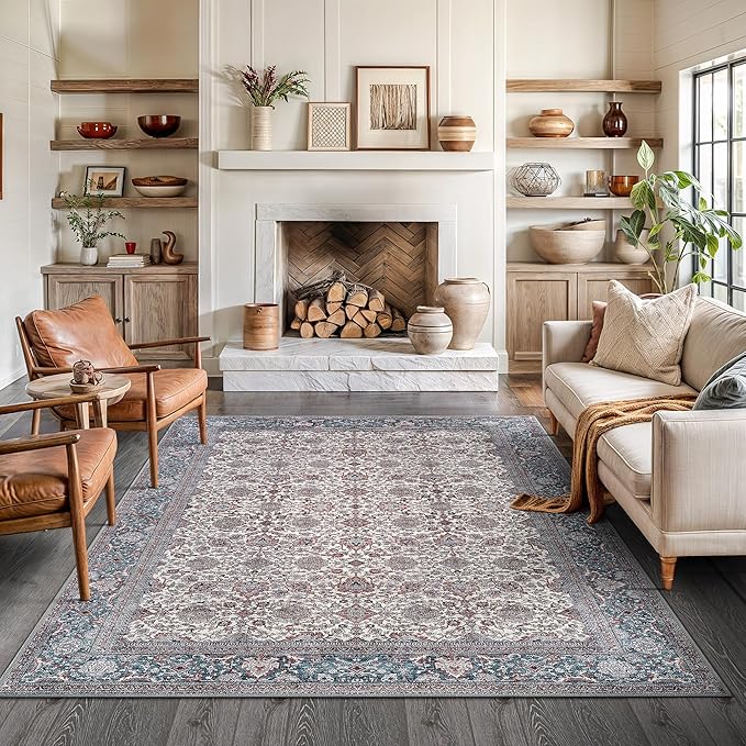 Bloom Rugs Washable Non-Slip 6' x 9' Rug - Teal/Blue/Beige Traditional Oriental Area Rug for Living Room, Bedroom, Dining Room, and Kitchen - Exact Size: 6' x 9'