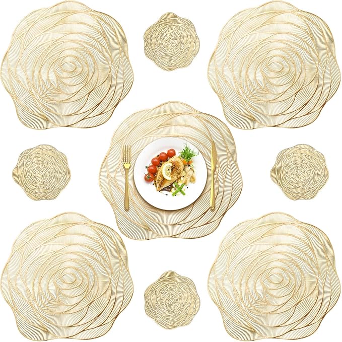 Sieral 48 Set 15 Inch Round Pressed Vinyl Placemats Hollow Out Rose Placemat Set Metallic Slip Resistant Place Mat Coaster Including Place Mats and Coasters for Wedding Dining Kitchen (Gold)
