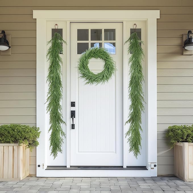 Christmas Decorations Artificial Norfolk Pine Garlands 9FT, 4Pcs Real Touch Winter Pine Garland, Green Artificial Greenery Garland for Table, Mantle, Wall, Indoor, Outdoor Decorations