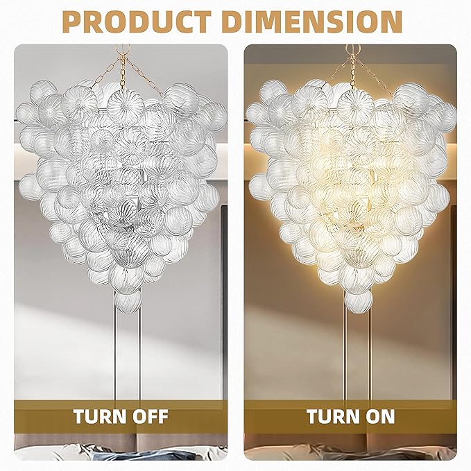 Mid Century Bubble Ball Swirled Glass Chandelier, 36 in. 2-Layer Cages Gild Gold and Clear Blown Glass Large Cluster Bbble Pendant Light Fixture for Bedroom Restaurant Dining Room