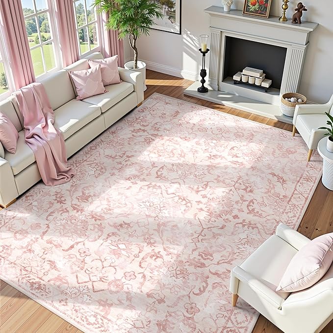 Pink Area Rugs 8x10 Rugs for Living Room, Traditional Washable Rugs for Bedroom Distressed Large Area Rug Living Room Rug Non Slip Rug Carpet for Dining Nursery