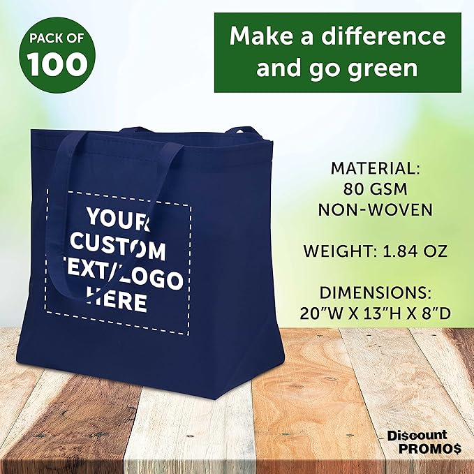 DISCOUNT PROMOS Custom Southern Style Grocery Tote Bags Set of 100 - Personalized Bulk Pack, Reusable Grocery & Shopping Bags - Great for Travel, Business Promotions - Navy Blue - 20"X13"X8"