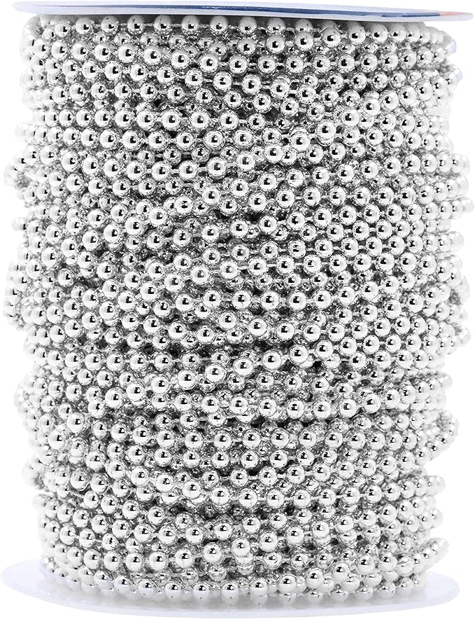 Mandala Crafts 4mm Faux Metallic Silver Pearl Beads Roll - 44 Yards Strand of Fake Pearls Chain Garlands Spool String for Christmas Tree, Wedding, Party, Vases, DIY Decoration