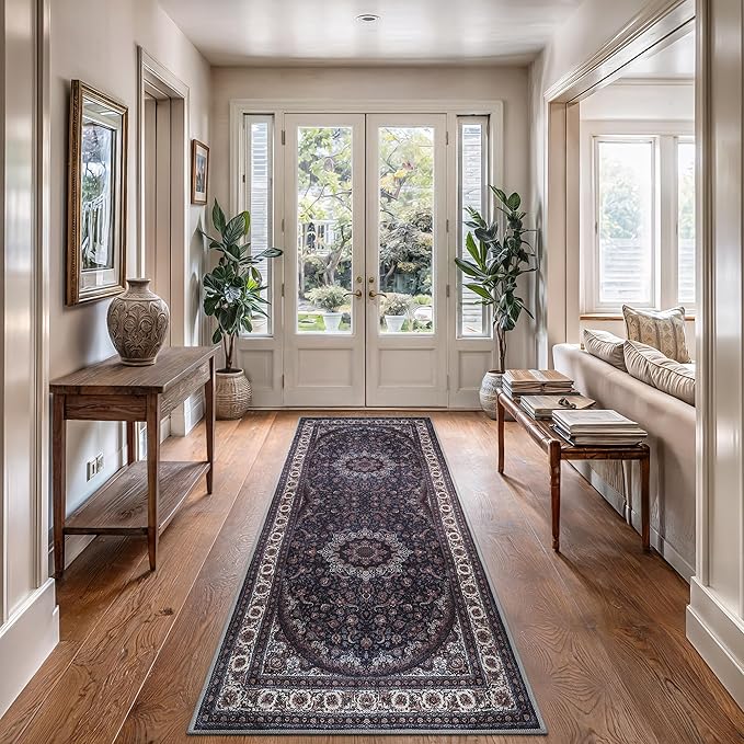Bloom Rugs Washable Non-Slip 10 ft Runner - Navy Traditional Medallion Runner for Entryway, Hallway, Bathroom, and Kitchen - Exact Size: 2.5' x 10'