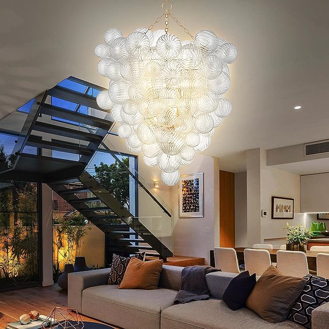 Mid Century Bubble Ball Swirled Glass Chandelier, 36 in. 2-Layer Cages Gild Gold and Clear Blown Glass Large Cluster Bbble Pendant Light Fixture for Bedroom Restaurant Dining Room