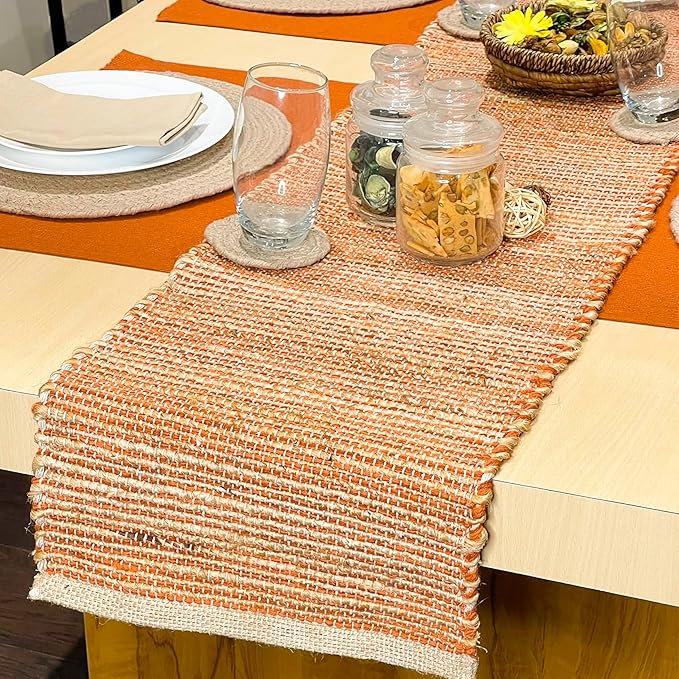 Chardin home Natural Jute Table Runner 13x36 Inch – Vintage Boho Rustic Table Decor – Handwoven Table Runner in Natural Jute and Rust Orange – Farmhouse Dining or Console Table Accent