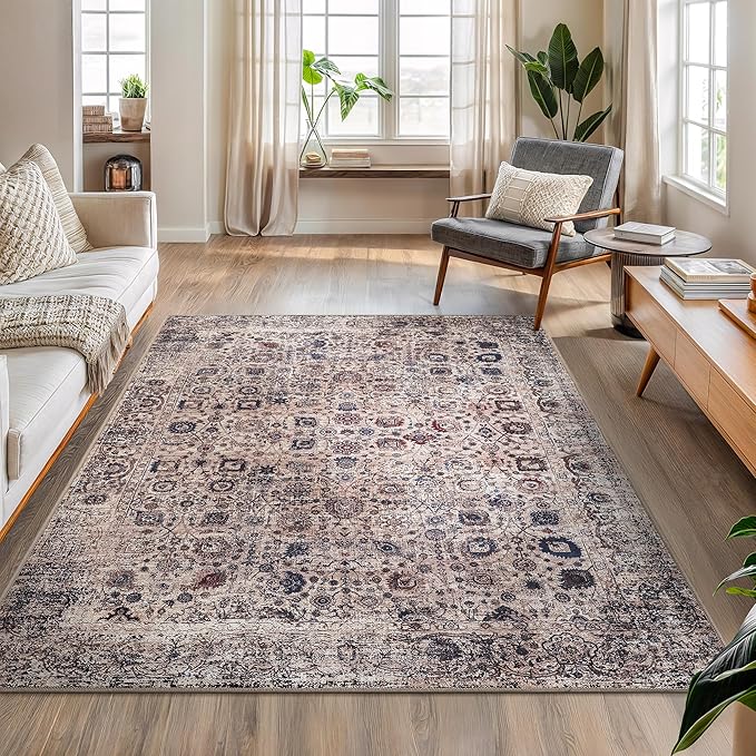 Bloom Rugs Washable Non-Slip 5' x 7' Rug - Light Tan/Blue Traditional Oriental Area Rug for Living Room, Bedroom, Dining Room, and Kitchen - Exact Size: 5' x 7'