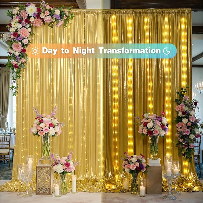 PartyVillage 30x10FT Gold Sequin Backdrop Curtain with String Lights – 6 Panels 5x10FT Sparkly Wrinkle-Free Glitter Backdrop Drapes for Birthday, Wedding, Photography, Graduation Party Décor