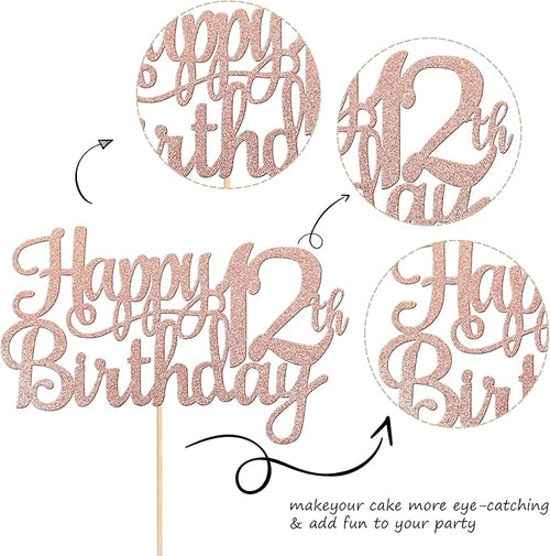 1 PCS Happy 12th Birthday Cake Topper Glitter Cheers to 12 Years Birthday Cake Pick 12 Fabulous Cake Decoration for Happy 13th Birthday Theme Party Decorations Supplies Rose Gold