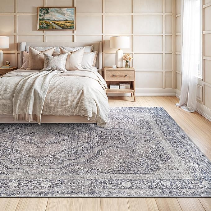 Bloom Rugs Washable Non-Slip 9' x 12' Rug - Blue/Steel Gray/Beige Traditional Medallion Area Rug for Living Room, Bedroom, Dining Room, and Kitchen - Exact Size: 9' x 12'