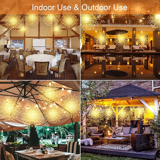 4 Pack String Lights - 225 LED 8 Modes Dimmable with Remote Control, Waterproof Copper Wire Decorative Hanging Bursting Star Lights for Party, Patio, Garden Decoration (Warm White)