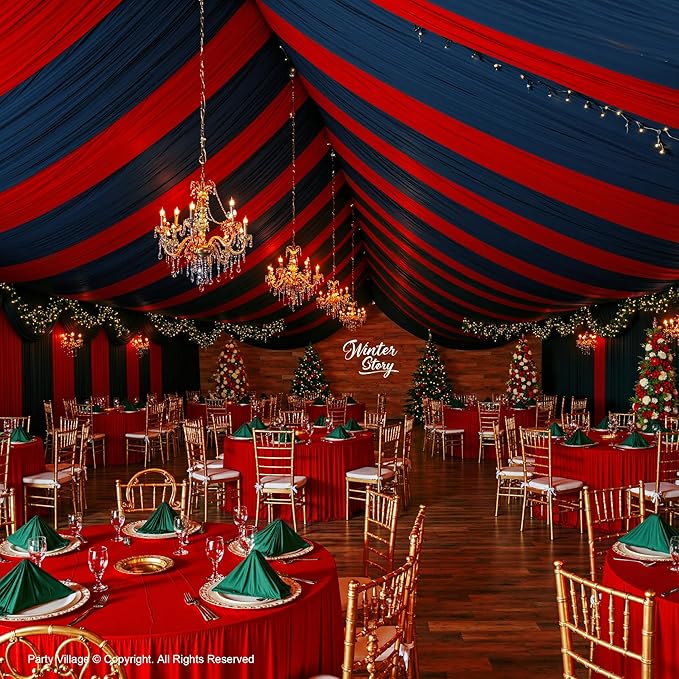 PartyVillage 50ftx40ft Red Ceiling Curtain for Wedding Parties – 10 Panels Wrinkle-Free 40 FT Long Tent Draping Curtains for Wedding, Birthday & Theme Parties, 40ft Height with Rod Pocket