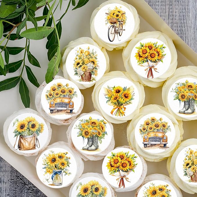 36 Pack Edible Sunflowers Cupcake Toppers Wafer Paper Floiwers Cupcake Picks Edible Yellow Sun Flower Cake Decor for Sunflower Theme Party Wedding Baby Shower Birthday Supplies (Round)