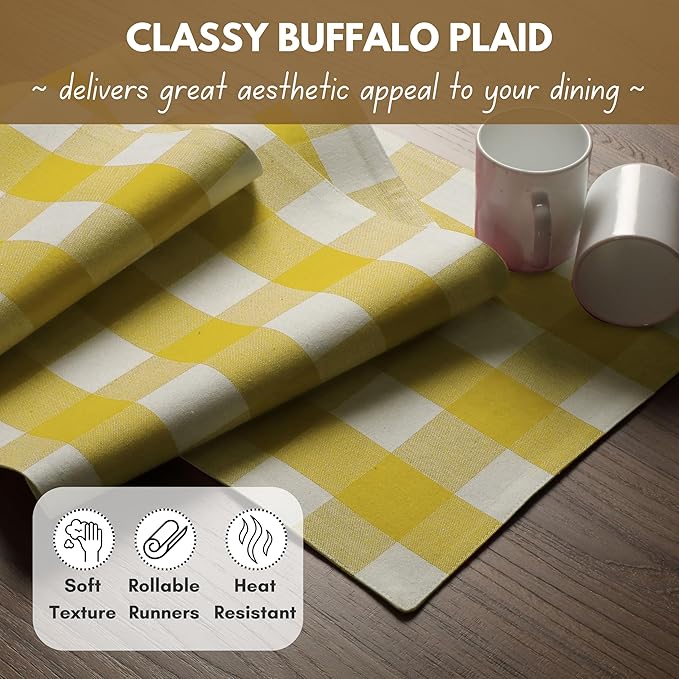 Native Fab Table Runner Buffalo Check Plaid 100% Cotton - 13x108 Inches Kitchen Dining Table Decoration for Indoor Outdoor Farmhouse Home Party Decor -Lemon Yellow and White