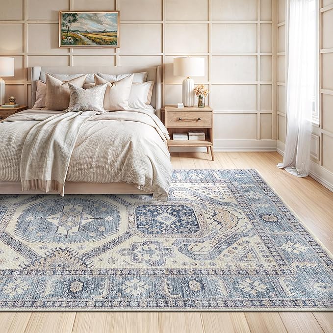 Bloom Rugs Washable Non-Slip 9' x 12' Rug - Blue/Beige Traditional Oriental Area Rug for Living Room, Bedroom, Dining Room, and Kitchen - Exact Size: 9' x 12'