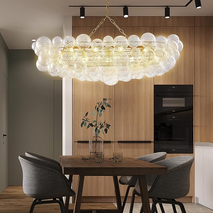 Nordic Bubble Ball Swirled Glass Chandelier, 36" Long Rectangular Chandeliers Island Light Fixture Gold and Clear Blown Glass Large Pendant Light Fixture for Bedroom Study Restaurant Dining Table