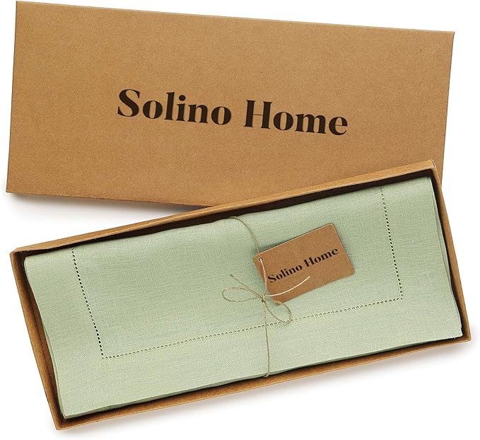 Solino Home Linen Table Runner 36 Inches - 100% Pure Linen Sage Green Hemstitch Table Runner 14 x 36 Inch Ideal for Dresser and Coffee Tables - Fall, Thanksgiving, Christmas - Classic Hemstitch