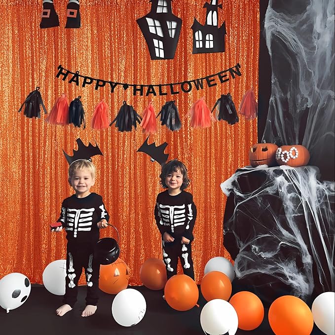 Hahuho Orange Sequin Backdrop Curtain, 2PCS 2FTx8FT Glitter Backdrop Curtain for Parties, Christmas, Wedding, Party Decoration（2 Panels, 2FT x 8FT, Orange