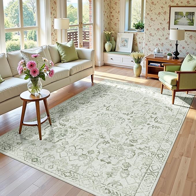 Sage Green Area Rugs 5x8 for Living Room, Washable Vintage Rugs for Bedroom, Distressed Throw Rug, Non Slip Rug Carpet for Bedroom Dining
