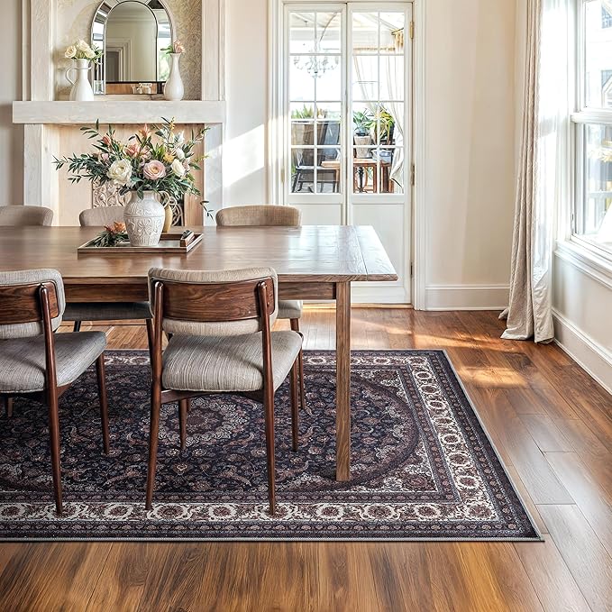 Bloom Rugs Washable Non-Slip 6' x 9' Rug - Navy Traditional Medallion Area Rug for Living Room, Bedroom, Dining Room, and Kitchen - Exact Size: 6' x 9'