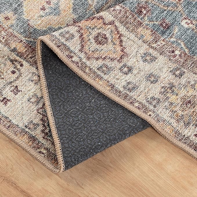 Bloom Rugs Washable Non-Slip 12 ft Runner - Beige/Blue Traditional Bordered Runner for Entryway, Hallway, Bathroom, and Kitchen - Exact Size: 2.5' x 12'