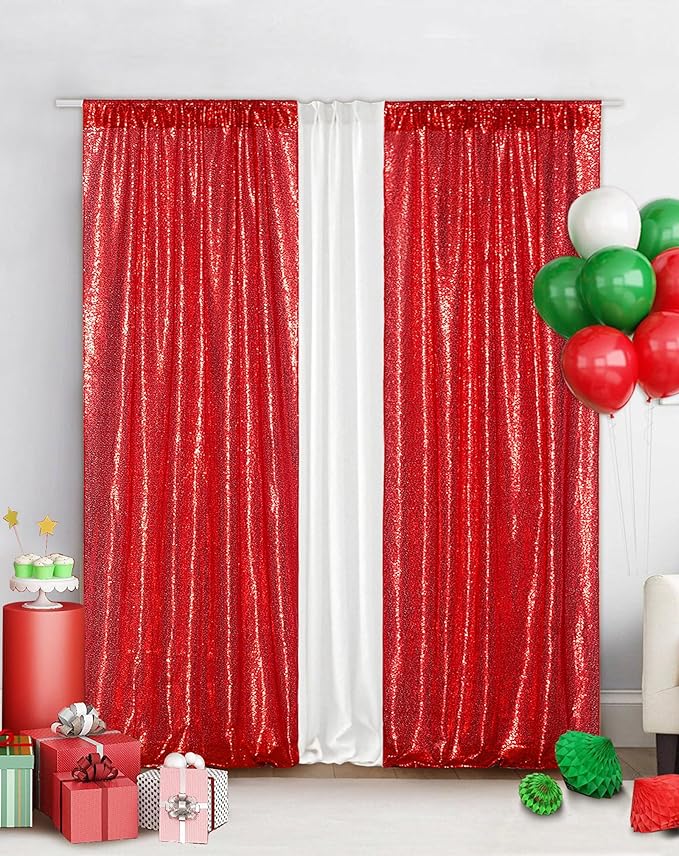 Eternal Beauty Red Sequin Backdrop Curtains, Valentine's Day Shimmer Back Drop 2Panels-3FTx7FT for Christmas, Party, Birthday, Photography, Wedding, Baby Shower Event Decoration