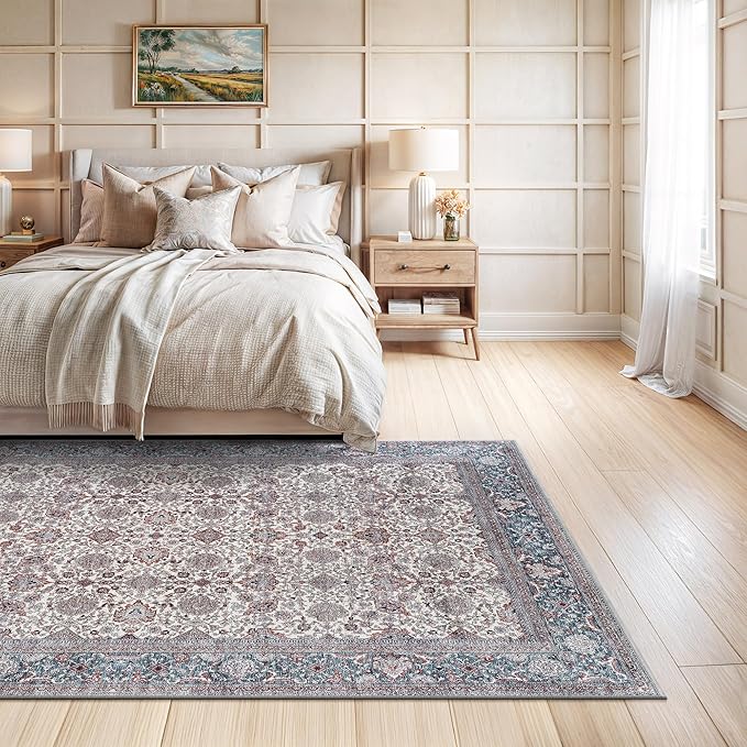 Bloom Rugs Washable Non-Slip 6' x 9' Rug - Teal/Blue/Beige Traditional Oriental Area Rug for Living Room, Bedroom, Dining Room, and Kitchen - Exact Size: 6' x 9'