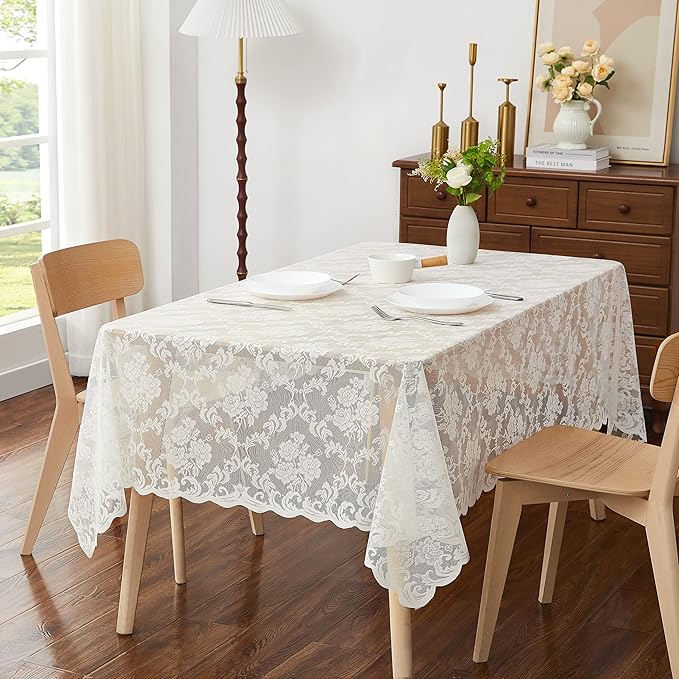LinenZone Ivory Rectangle Tablecloth for Rustic Vintage Decor. Sheer Lace Works Great As Wedding, Thanksgiving or Christmas Tablecloth (Mia TC 60 x 84, Ivory)