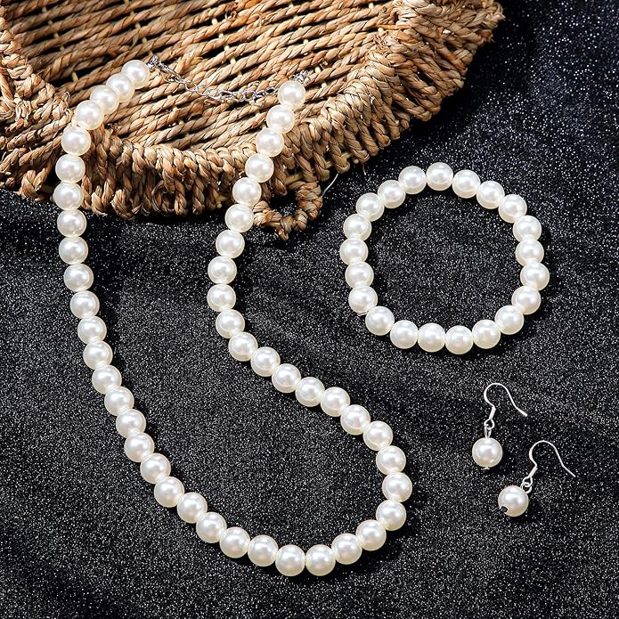 4 Pcs 1920s Faux Pearl Costume Jewelry Set for Women Halloween Simulated Necklace Bracelet Earrings for Wedding