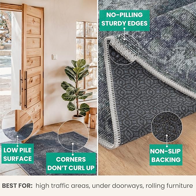 Bloom Rugs Washable Non-Slip 10 ft Runner - Dark Teal Traditional Medallion Runner for Entryway, Hallway, Bathroom, and Kitchen - Exact Size: 2.5' x 10'