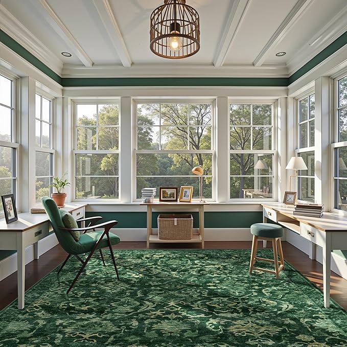 Dark Green Extra Large Area Rug 10x14 for Living Room, Distressed Washable Rug for Dining Room Bedroom, Anti-Slip Low-Pile and Soft Accent Rug Farmhouse Office Home Decor Light Green