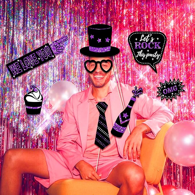 36 PCS Birthday Photo Booth Props Party Supplies Holiday Picture Decorations Photo Booth Props for Birthday Party Favors Pose Sign Kit Fun for Party (Purple and Black)