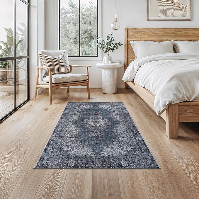 Bloom Rugs Washable Non-Slip 3' x 5' Rug - Dark Teal Traditional Medallion Area Rug for Living Room, Bedroom, Dining Room, and Kitchen - Exact Size: 3' x 5'