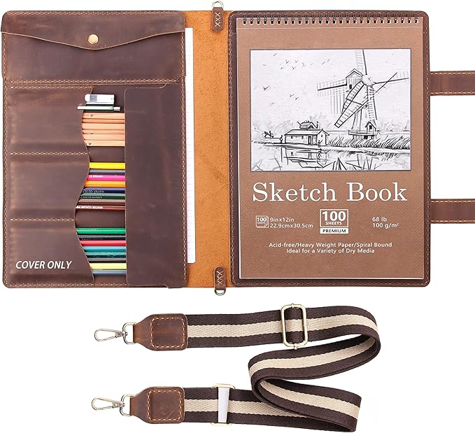 Robrasim Handmade Leather Sketchbook Cover, Artist Sketch Pad Holder for 9"X12" Top Spiral Bound Sketchbook, Drawing Book Pencil Case, Journal Portfolio with Shoulder Strap, Artist Gifts,Brown