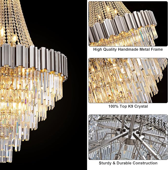 54" Luxury Long Crystal Chandelier for High Ceilings, 21-Light Modern Silver Large Chandeliers for Staircase, Foyer, Entryway, Living Room, Hallway, Contemporary K9 Crystal Tiered Chandelier
