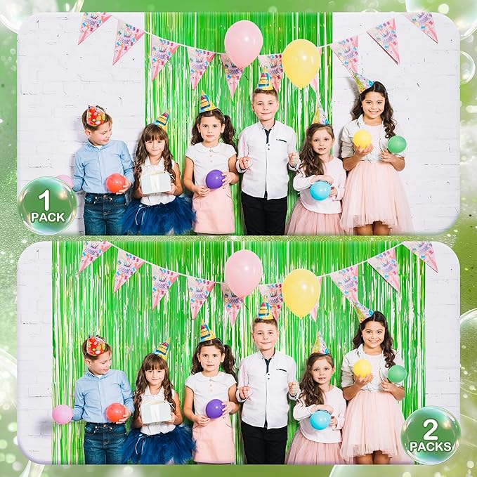 2 Pack Pink & Green Party Streamers Backdrop Curtains, 3.3x8.2ft Holographic Tinsel Foil Curtain Photo Booth Props for Birthday, Wedding, Holiday Celebration, Bachelorette, Theme Decorations