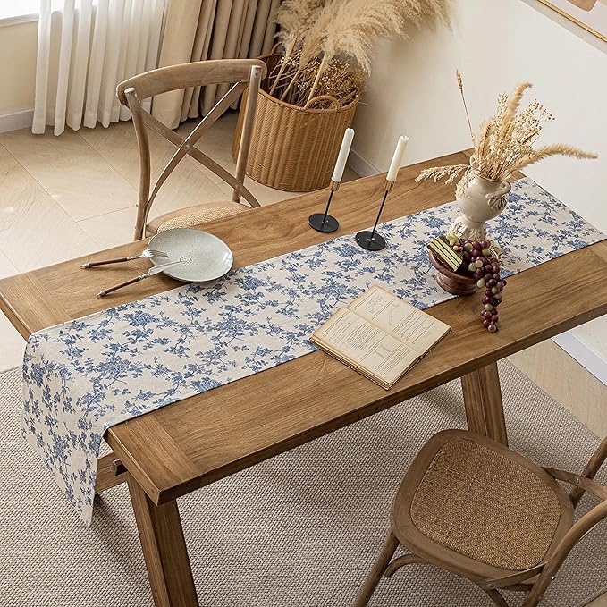 Pastoral Table Runner - 14 x 90 Inch Rectangle - Beige Linen - Washable Tabletop with Dust-Proof Wrinkle Resistant for Restaurant, Picnic, Indoor and Outdoor Dining, Floral (Dark Blue)