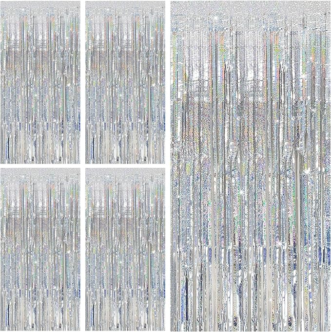 Tinsel Curtain Party Backdrop Silver Birthday Decorations 5 Packs Glitter Foil Fringe Curtain Party Decor Streamers Photo Booth for Birthday Christmas Wedding Halloween Graduation Decorations