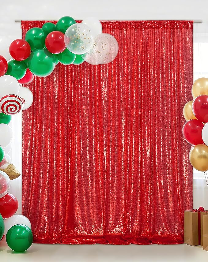 Eternal Beauty Red Sequin Backdrop, 8x8 Ft Glitter Background Curtains for Christmas Shimmer Photography Party Wedding Birthday Back Drop Decor