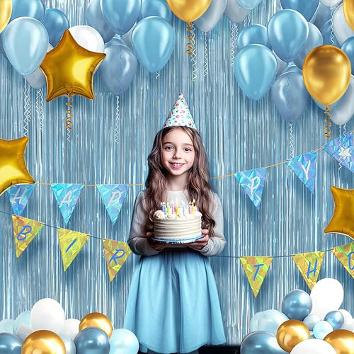 2 Pack Metallic Light Blue Fringe Backdrop, 3.2x8.2ft Shining Foil Tinsel Curtains, Birthday Party Decorations Door Streamers for Halloween, Christmas, Wedding, Graduation, Holiday, Theme Events