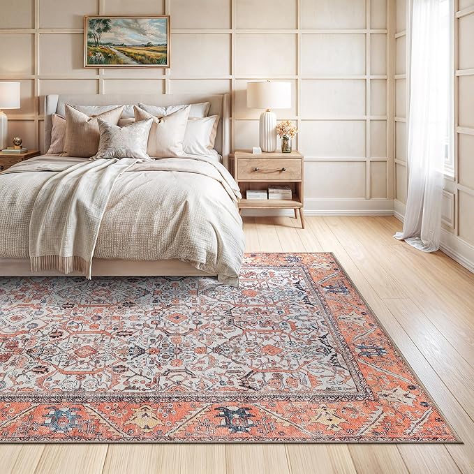 Bloom Rugs Washable Non-Slip 8' x 10' Rug - Orange Traditional Bordered Area Rug for Living Room, Bedroom, Dining Room, and Kitchen - Exact Size: 8' x 10'