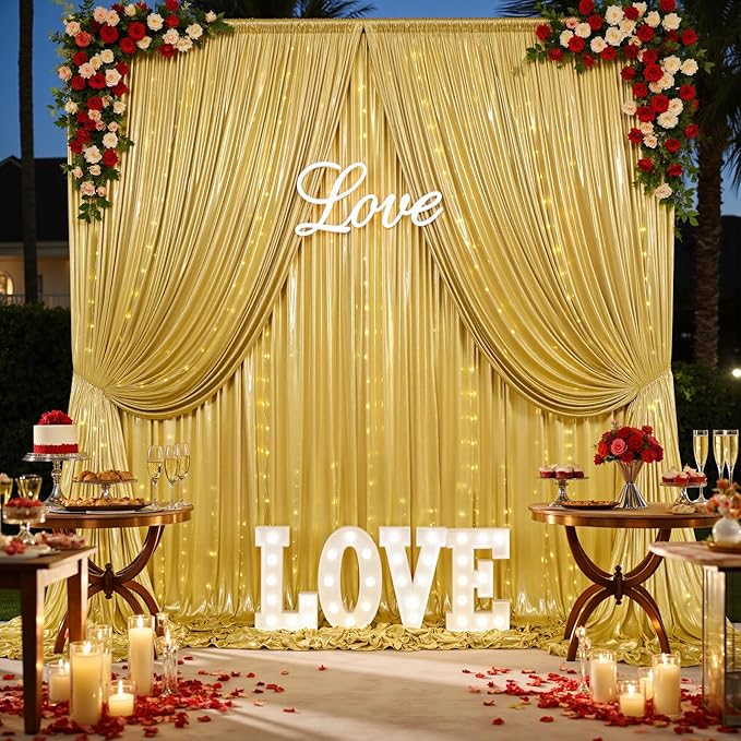 20x10 Gold Sequin Backdrop Curtain with Lights-Wrinkle Free Thick Glitter Backdrop Drapes for Wedding Parties Events Halloween Decor-4 Panels 5×10ft Shimmer Photo Booth Background for Photography