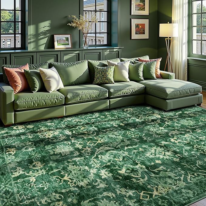 Dark Green Area Rugs 8x10 Rugs for Living Room, Traditional Washable Rugs for Bedroom Distressed Large Area Rug Living Room Rug Non Slip Rug Carpet for Dining Nursery