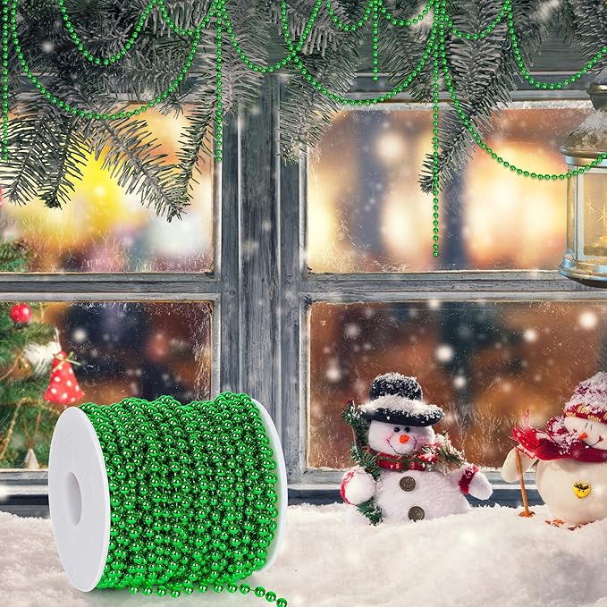 100 Feet Christmas Bead Garland,Plastic Garland Tree Decoration,Hanging Beads Strands Chain Beaded Garlands for Home Mantle Fireplace Wreath DIY Decor Supplies (Green)