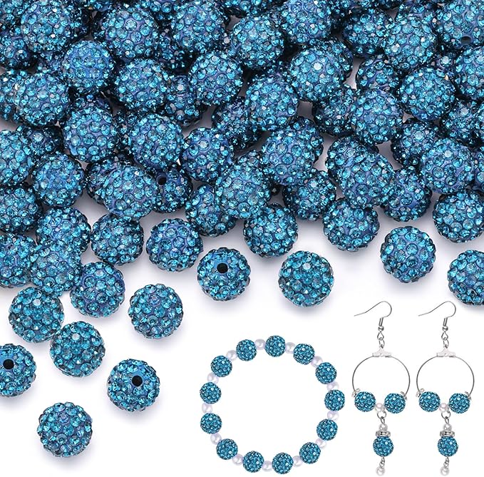 100 pcs 10mm Rhinestone Beads for Jewelry Making, Blue Zircon Shiny Round Shamballa Disco Beads Bulk, Sparkle Crystal Clay Christmas for Bracelet Baseball Necklace Earring Crafting and DIY