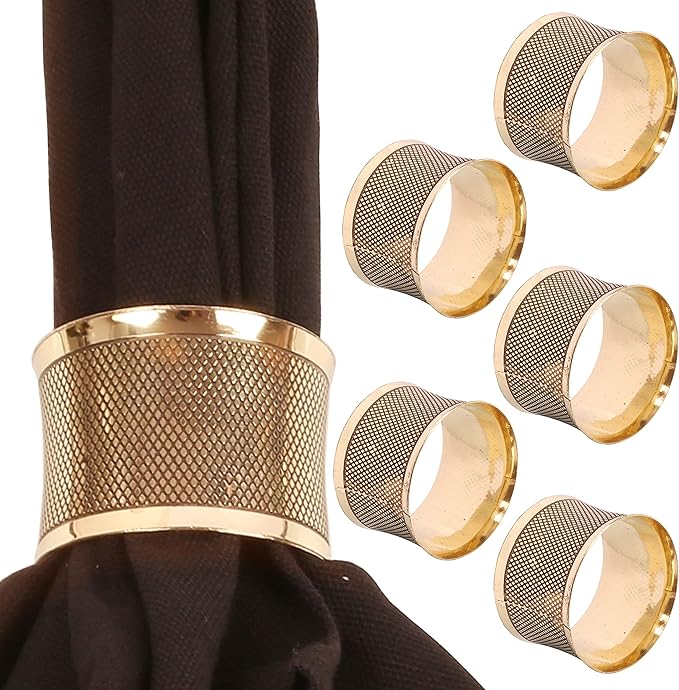 Brass Base Artistic Handcrafted Beautiful Round Shape Large Size Party Dining Table Napkin Holders in Antique Gold Tone. (Set of 6).