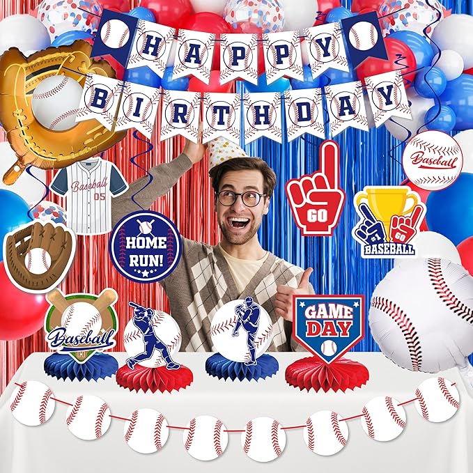 Baseball Party Decorations, Baseball Birthday Party Supplies Kit, Include Sport Themed Birthday banner, Foil Fringe,Hanging Swirls, Baseball Balloons, Cake&Cupcake Toppers