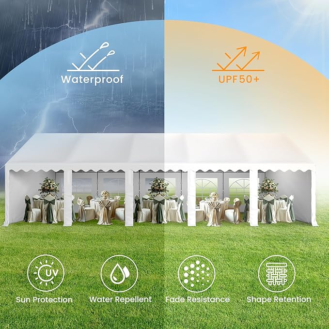 PHI VILLA 32'x16' Outdoor Heavy Duty Party Tent Large Commercial Canopy Wedding Event Shelter Carport with Removable Sidewalls & 4 Storage Bags for Patio Outdoor Garden Events, White
