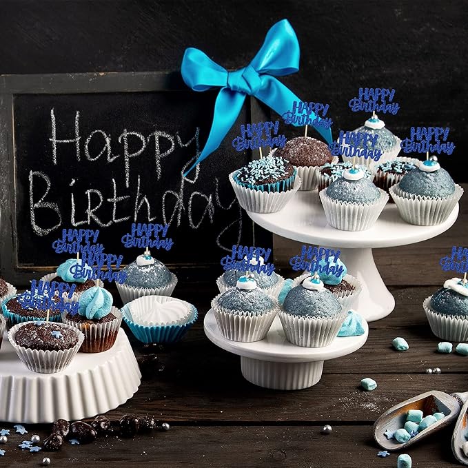 Gyufise 24 Pcs Happy Birthday Cupcake Toppers Glitter Cupcake Food Picks for Celebrating Theme Party Cake Decorations Supplies Deep Blue